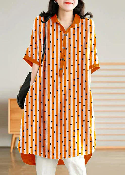 Jade orange stripes polka dots Linen Women Casual Linen Shirt Dress Dreamy Draping