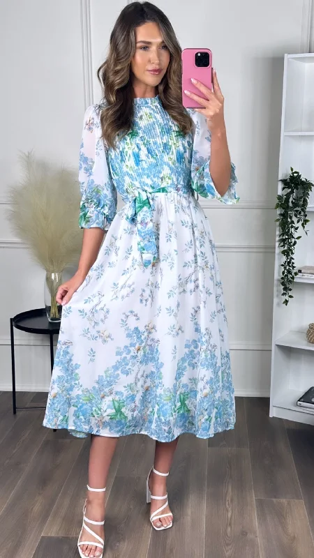 Zola White & Blue Floral Printed Midi Dress Sophisticated Fashion