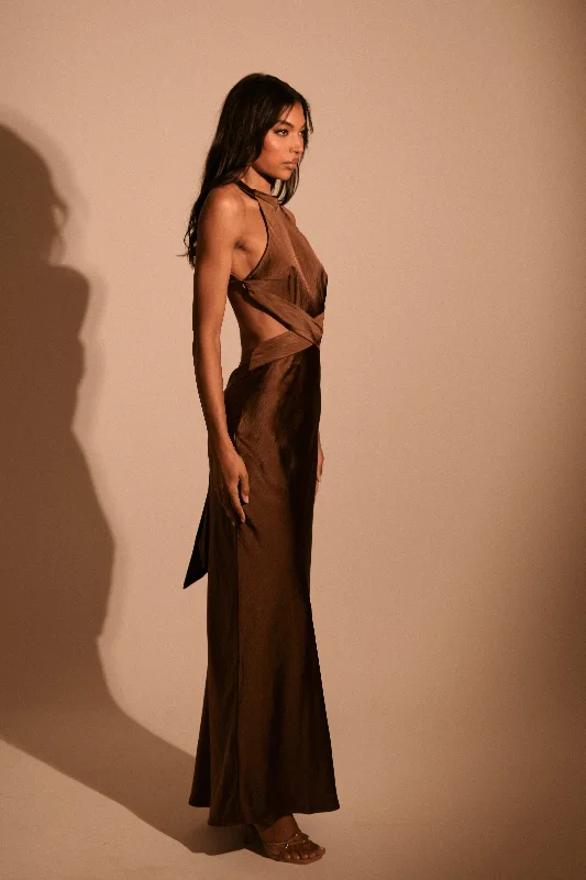 Nalani Satin Halter Maxi Dress - Chocolate Must-Have Styles