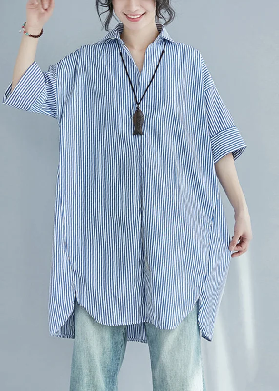 Blue Striped Cotton Shirt Dress Oversized Side Open Summer Final Sale