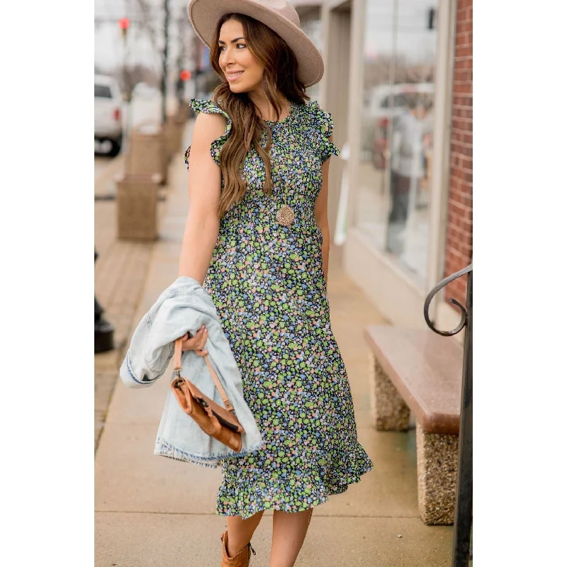 Blooming Floral Midi Dress Exquisite Women's Wear Sale