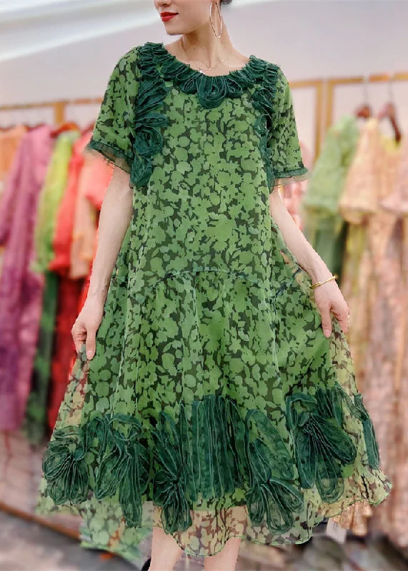 Organic Green Wrinkled Decorated Print Patchwork Tulle Dress Summer Flash Sales