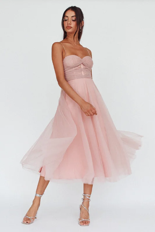 Smitten Lace Insert Tulle Midi Dress Blush Subtle Sophistication