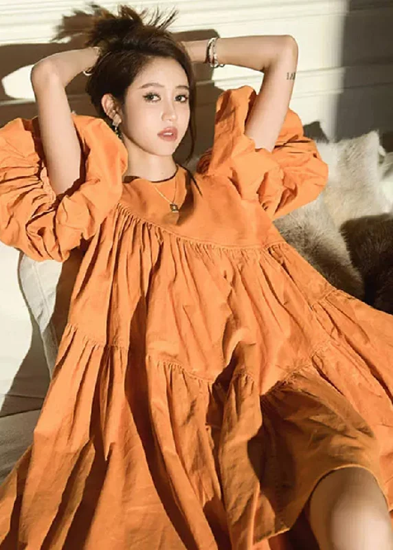 Modern Orange Oversized Patchwork Wrinkled Cotton Mid Dress Lantern Sleeve Buy More, Save More