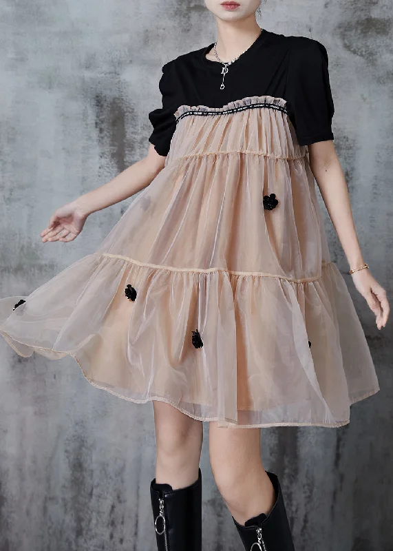 Chic Khaki Oversized Patchwork Floral Tulle Tea Dress Summer Unleash Your Trendy Side