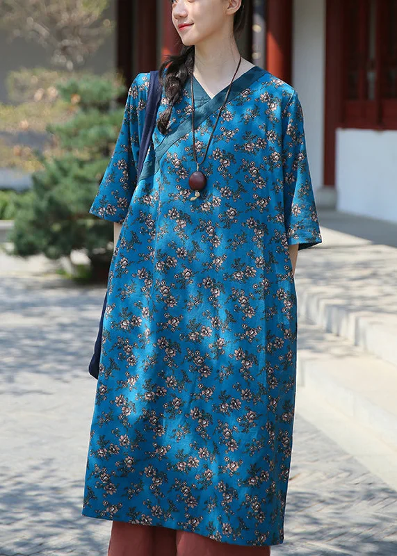 Blue Pockets Patchwork Cotton Dress V Neck Summer Holiday Attire Sale