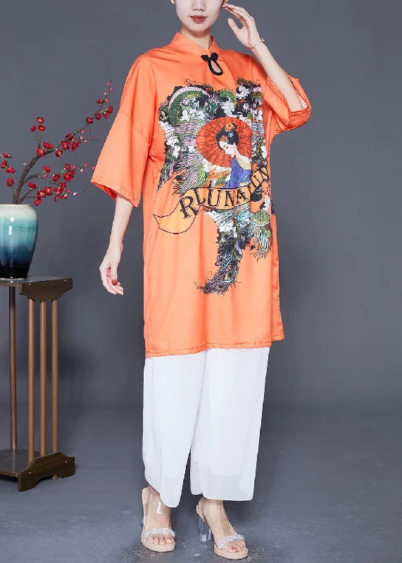 Women Orange Mandarin Collar Chinese Button Silk Dress Summer Additional Time-Limited Offers