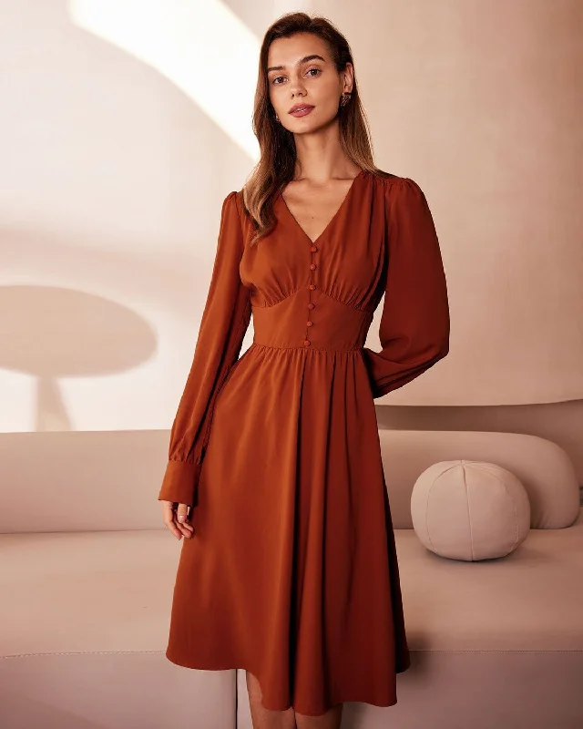 The Orange V Neck Pleated Button Midi Dress Crazy Price Slashing