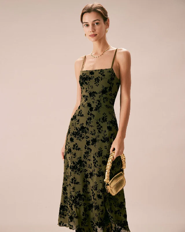 The Green Floral Burnout A-Line Slip Midi Dress Trendy Women's Collection