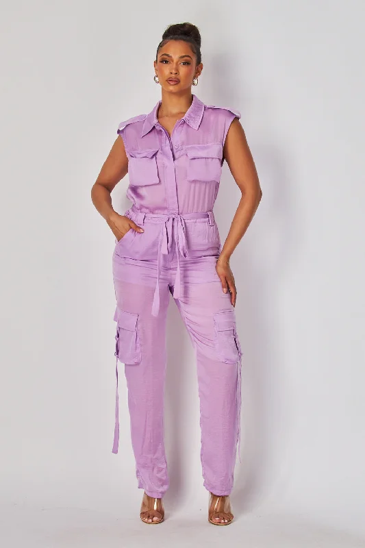 Violetta Sleeveless Satin Cargo Pocket Jumpsuit Vintage Look