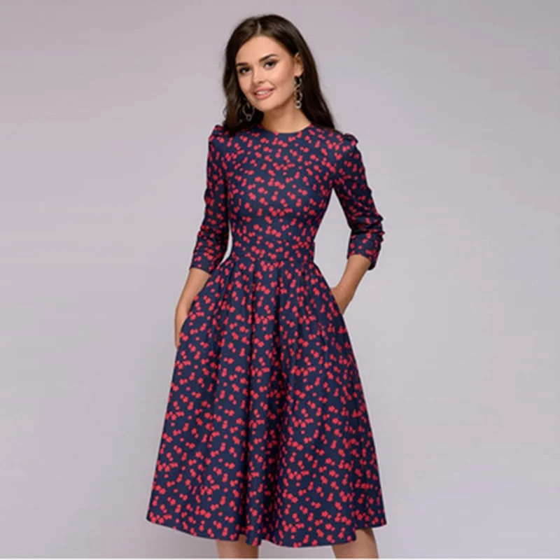 BerriesJam - Dot Print Three Quarter Sleeve A-line Date Party Dress Sophisticated Outfits