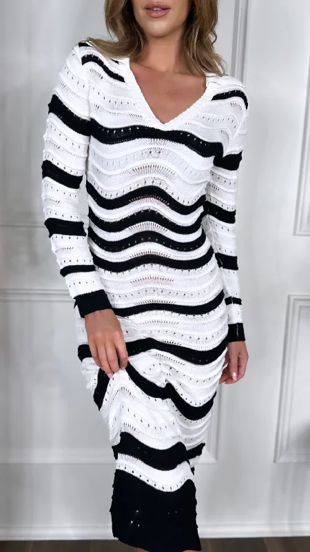 Orlaith White & Black Striped Knit V Neck Midi Dress Mid Season Sale