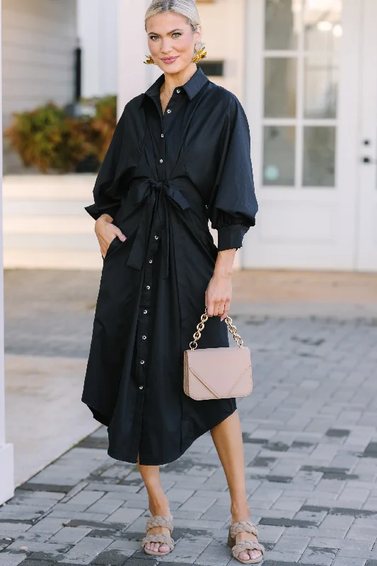 In Your League Black Button Down Midi Dress Casual Elegance