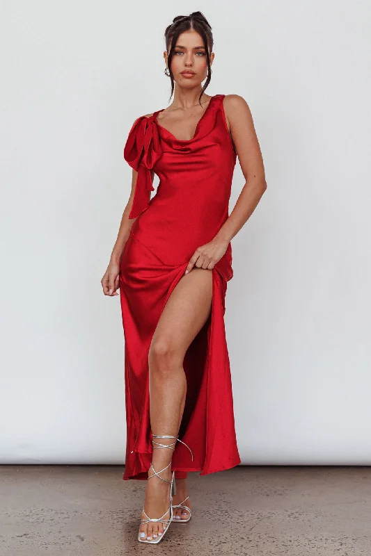 Averie Bow Shoulder Split Midi Dress Red Effortless Style, Endless Impact