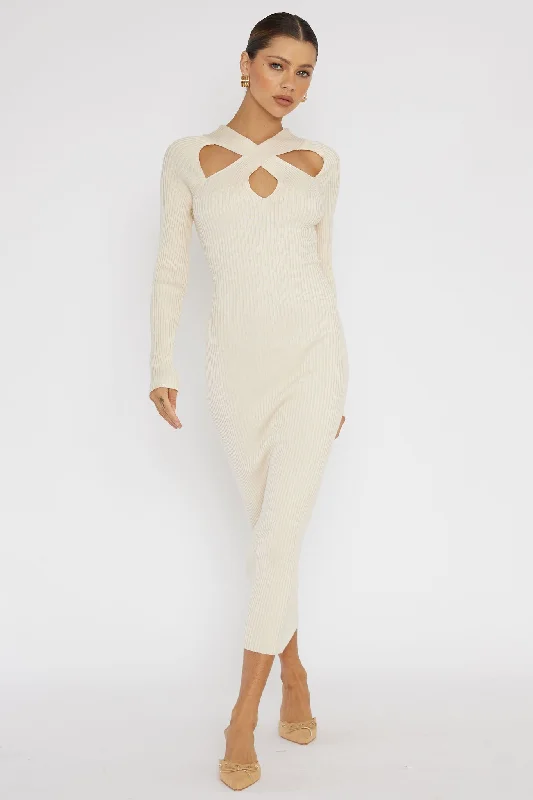 One Mind Cut-Out Neckline Knit Midi Dress Cream Chic Trend Collection