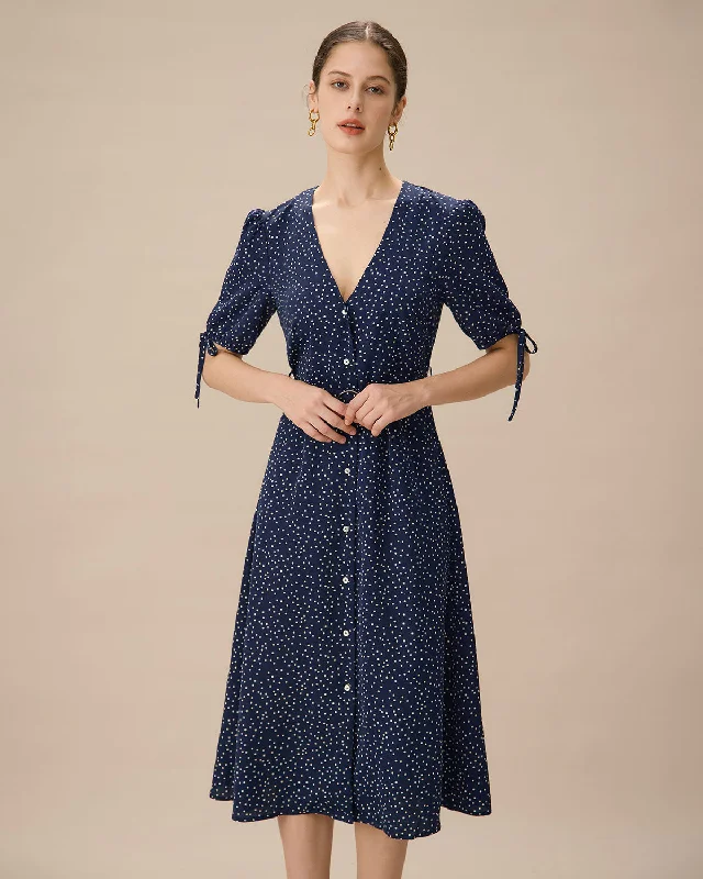 Navy Polka Dot Belted Midi Dress Great Deals On Ethnic Cultural Wear