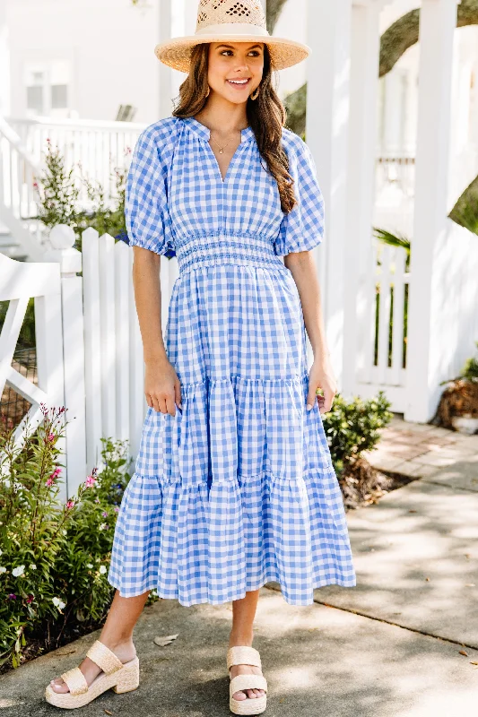 Stay The Course Blue Gingham Midi Dress Exclusive Discount