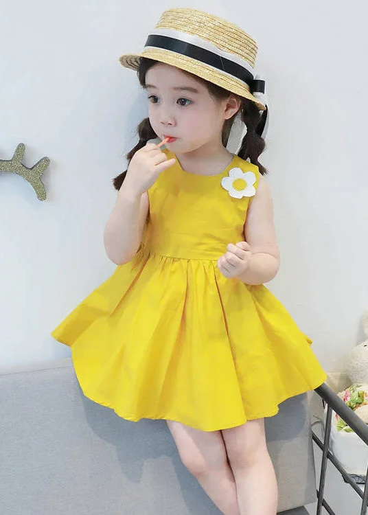 Lovely Yellow Floral Patchwork Cotton Girls Mid Dresses Sleeveless Mega Sale