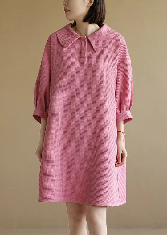 Casual Solid Pink Peter Pan Collar Plaid Cotton A Line Dresses Bracelet Sleeve Exclusive Sale