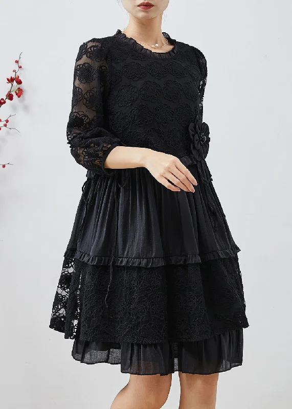 Unique Black Embroidered Floral Tulle Mid Dresses Summer Limited Stock, Big Discounts