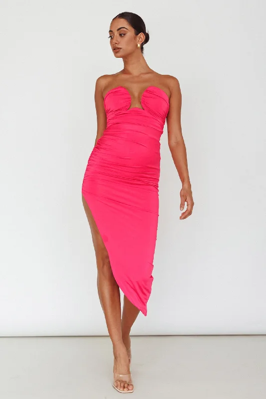 Roma U-Neckline Ruched Midi Dress Hot Pink Hot Sale