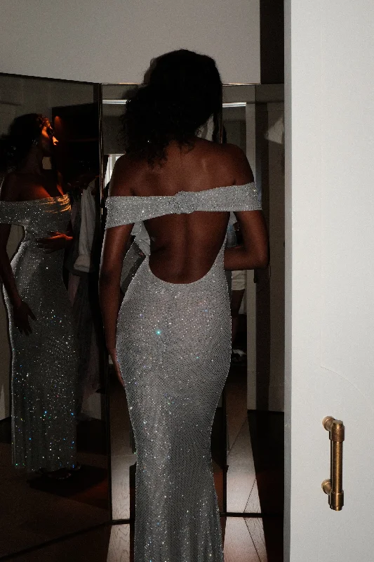 Arna Off Shoulder Diamante Maxi Dress - Silver Shop Our Looks