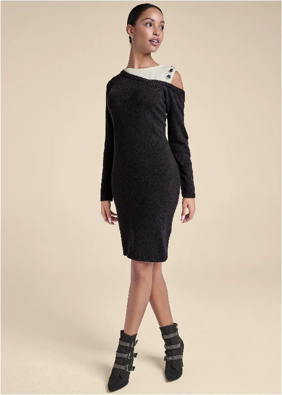 Open Shoulder Sweater Dress - Black & White Innovate Your Wardrobe