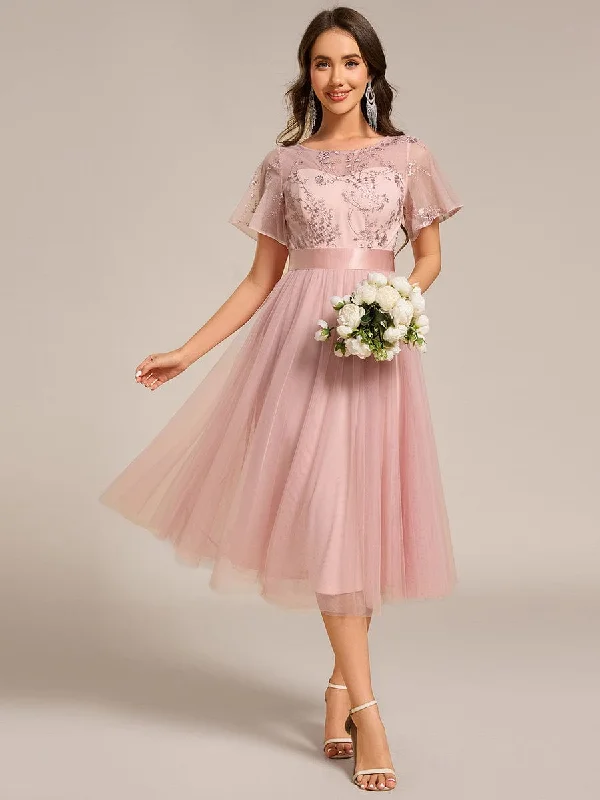 Embellished Tulle Midi Junior Bridesmaid Dress with Sheer Sleeves Effortless Style