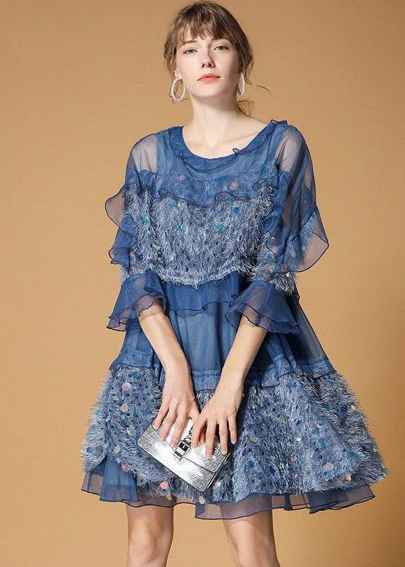 Classy Blue Sequins Velour Patchwork Tulle Day Dress Half Sleeve Seasonal Fashion