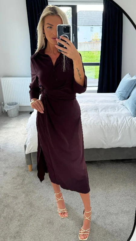 Harlyn Burgundy 3/4 Sleeve Gathered Waist Shirt Midi Dress Huge Price Cut