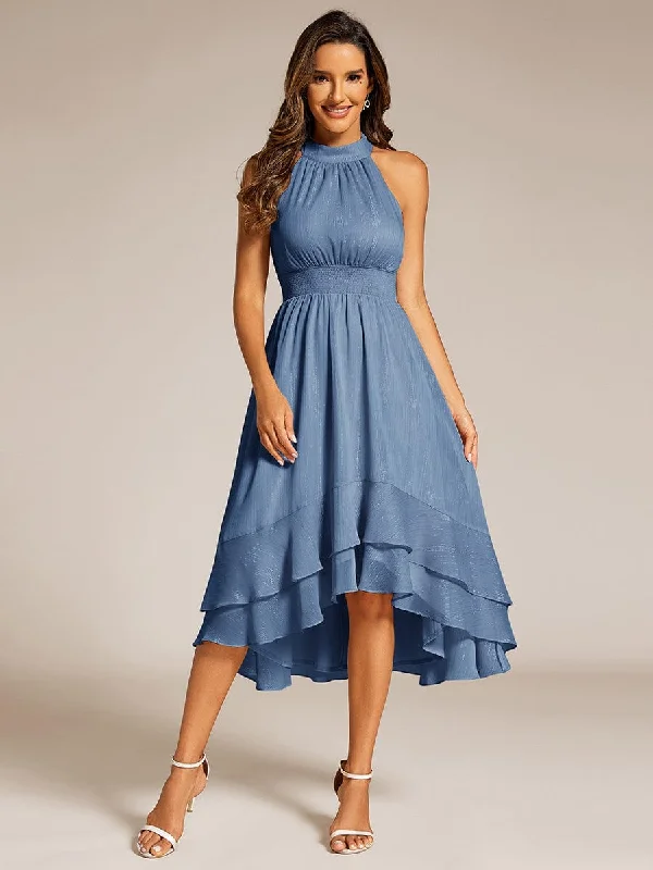 Sparkly High-Low Ruffle Halter Neck Wedding Guest Dress with Pleating Fashion Frontiers