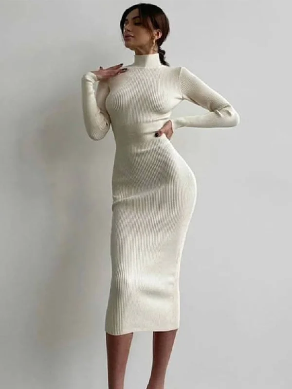 BerriesJam - 2024 Turtleneck Knitted Solid Long Sleeve Sweater Dress Fashion Forward Outfits