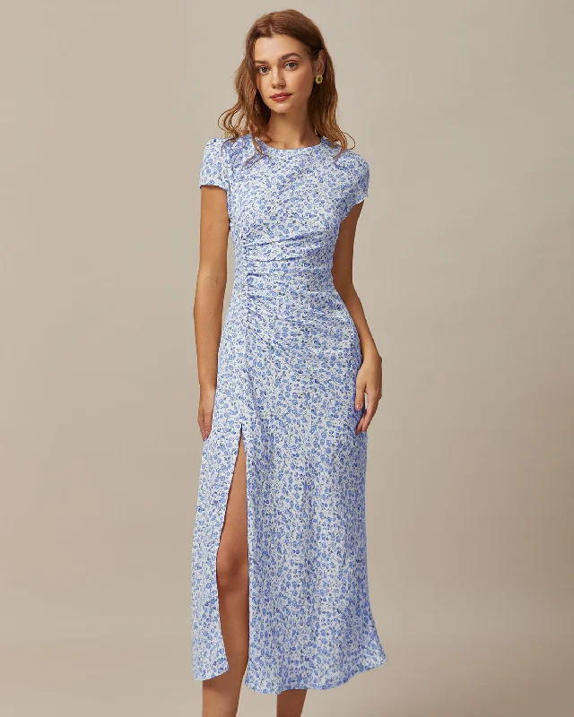 The Blue Round Neck Floral Slit Midi Dress First Order Discount