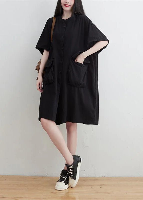 Plus Size Black O-Neck Pockets Button Linen Dresses Short Sleeve Imeless Style