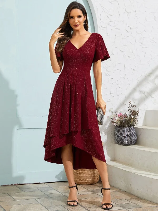 Glow Lana | Sparkling V-Neck High-Low Wedding Guest Dress with Ruffled Sleeves Dreamy Draping