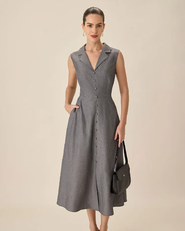 Grey V-Neck Button Midi Dress Shop Sales