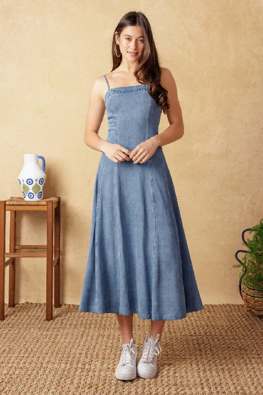 PUSH THE LIMIT DENIM MIDI DRESS Feminine Flow