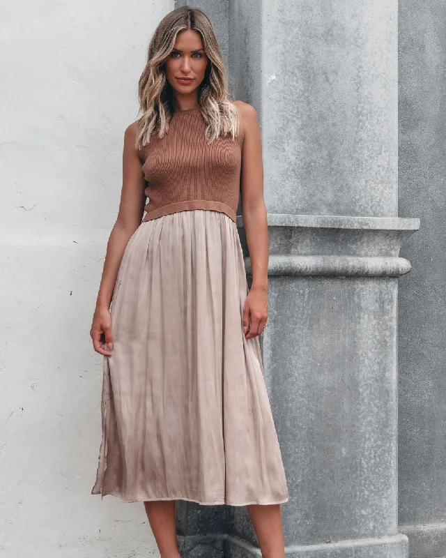 Sleeveless Half Sweater and Satin Skirt Midi Dress - Mocha Modern Women's Fashion