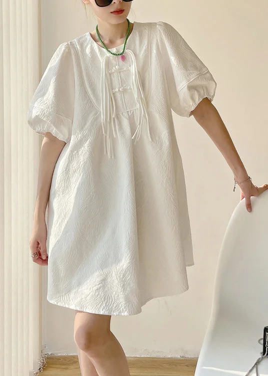 Chinese Style White Tasseled Patchwork Cotton Mid Dress Puff Sleeve Sustainable Fashion Extravaganza