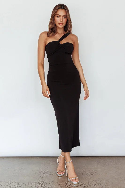 Trinny One-Shoulder Ruched Back Midi Dress Black Hot Styles