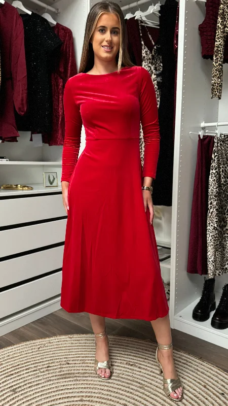 Courtney Red Round Neck Velvet Midi Dress Fashion Deal