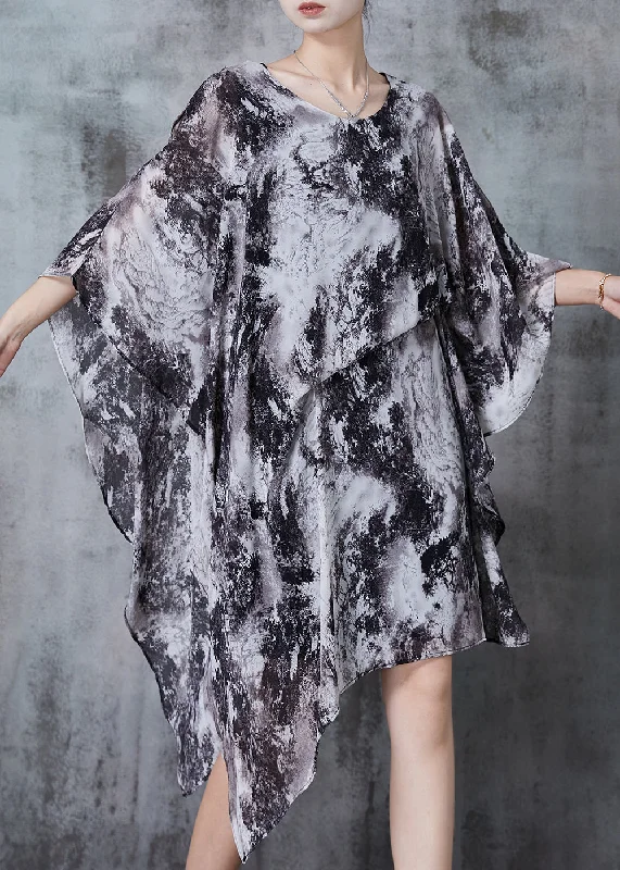 Organic Grey Asymmetrical Ink Wash Painting Chiffon Dress Summer Trendy Fashion For Women