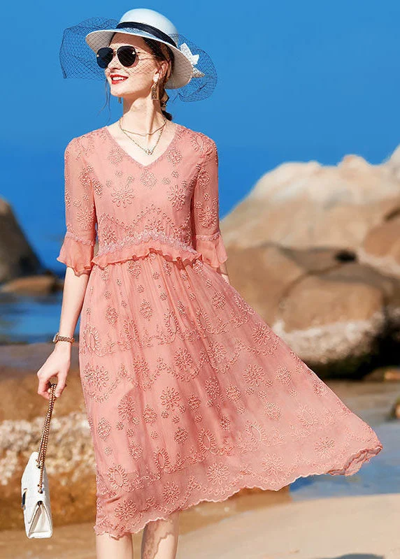 Boutique Pink V Neck Embroideried Ruffles Silk Long Dress Half Sleeve Seasonal Clearance