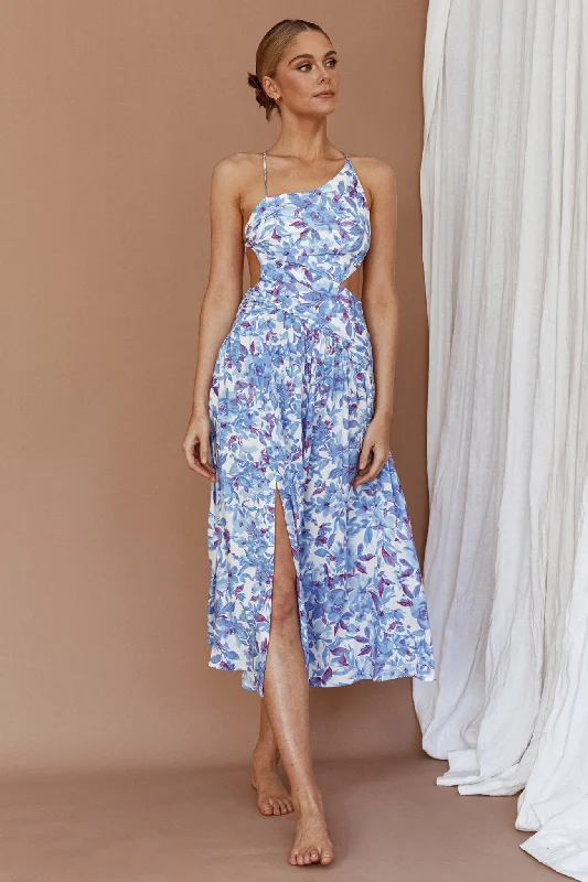 Destination Open Back Midi Dress Floral Blue Daily Deals