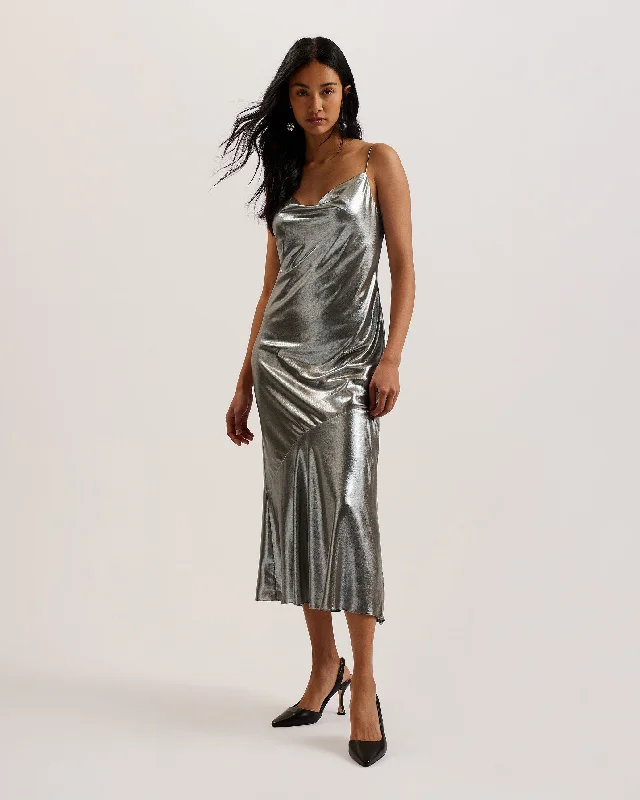 Limern Cowl Neck Bias Cut Lurex Midi Dress Silver Trendy Aesthetics