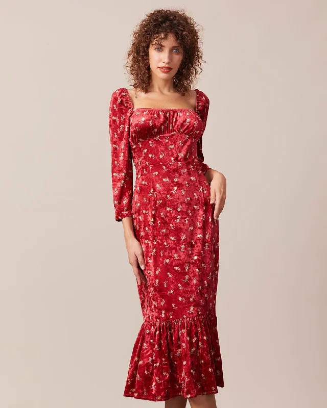 The Red Square Neck Floral Velvet Midi Dress Vibrant Prints