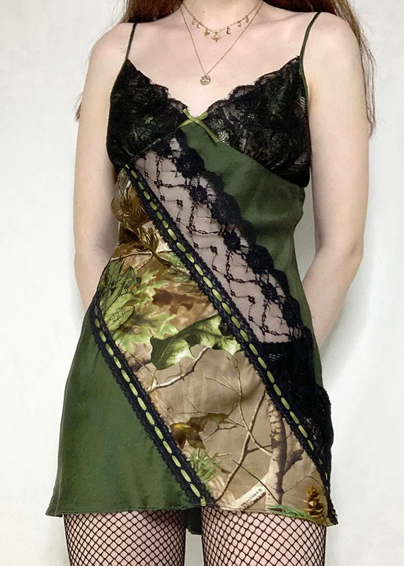 Sexy Green Backless Print Lace Patchwork Spaghetti Strap Mid Dress Sleeveless Early Access To Art Deco Styles Sale