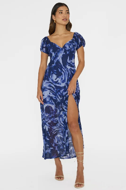 Park Avenue Puff Sleeve Midi Dress Print Blue New Season Fashion Preview