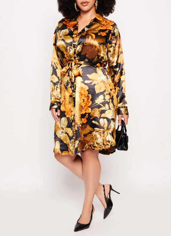 Plus Size Satin Floral Print Shirt Dress Hot Brand Discounts