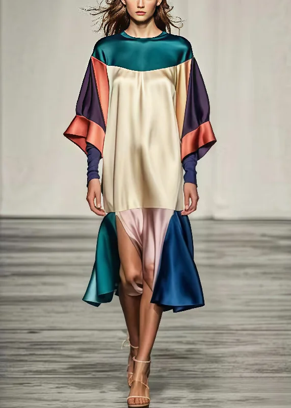 Beautiful Colorblock Oversized Patchwork Side Open Silk Dress Summer Seasonal Trends